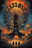 Placeholder: Modern horror Movie poster for text "PLAYING DEAD" layout by Drew Struzan, style of Zdzislaw Beksinski and Dariusz Klimczak, surreal nighttime carnival materializes in small New Hampshire town, rickety burning Ferris wheel spinning out of control, giant devil monkey spirit rules the surreal black circus tents, eerie, uncanny, ghastly surreal horror, double exposure effect, UV reactive Blacklight colors, dramatic, text: "PLAYING DEAD"