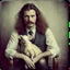 Placeholder: Awkward portrait Photo, 30 years old sitting on chair, serious look, long 1970 hair and mustasch, bland polaroid camera, holding a small pig, parrots