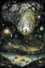Placeholder: 58. landscape, hyperrealism, microdetalization, drawing details, watercolor, ink, clear contour, luminous, 3d, multilayer, dark fantasy, dark botanical, color illustration, volumetric. in the swamp, a large lantern hangs on an old tree and a lot of moths around, gnarled trees, fireflies, cobwebs, lichen, moss, many bright flowers and water lilies, thorns and scarlet hellebore.