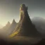 Placeholder: franz frazetta style, wizard tower on hill, amon hen, clear day, mountains in the distance, sunset