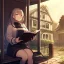 Placeholder: anime girl writing with a pencil in a book sitting on a porch swing of a very old house in the rain