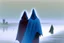 Placeholder: two people in capes and hoods seen from behind walking side by side in an empty foggy plain, above there is blue sky by artist "Leonora Carrington"