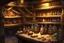 Placeholder: inside of a medieval shop, wooden walls, log pillars, stone bar with shop keeper behind it, magical ingredients on display and weapons on display. people, elves, goblins, orcs, dwarves and lizard folk in room. low lighting and creatures in containers. shelves half empty