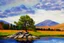 Placeholder: Clouds, mountains, tree, rocks, grass, lake, lake reflections, distant mountains, distant trees, impressionism painting