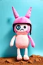 Placeholder: stuffed plush squishmallow(tall and skinny with 1 eye and a frown, small feet at front, wearing helmet with spike on top) blue background, dirt floor