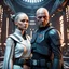 Placeholder: a bold and heroic bald male Corellian pilot in black and metallic grey First Order special forces gear meets a female Jedi Master in ancient, mystical temple, hyperdetailed, dynamic lighting, hyperdetailed background, 8k resolution, volumetric lighting, light skin, fully symmetric details