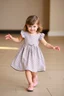 Placeholder: a pretty 5 years old girl with blue eyes and nice dress and shoes dancing and playing joyfully