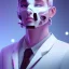 Placeholder: man, cute face, white highlight hair, brown eye, white, skin, purple suits, futuristic, science, purple, blue, pink background lighting, technology, profile, asian boy, square face, eye