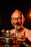 Placeholder: Portrait of a man with a radio helmet on his head. Wearing glasses. A small beard of pepper and salt. He is bald. White. He is a metal fan and smiles. Flames surround him. In the background, a robot gives him a finger.