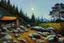 Placeholder: Night, moon, cabin, trees, rocks, pathway, grass, distant mountains, distant trees, impressionism painting