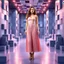 Placeholder: make a picture pretty stage made of metallic blue-gray teme 3d recursive cubic and sphere and cylinder base structures and a beautiful fashion model lady standing with cute in scene with sexy top and pretty pleated midi skirt ,makeup curvy long hair,dynamic camera zoom to full body and pan, dynamic lights.