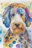 Placeholder: abstract watercolour of the head of bernadoodle dog in the style of paul klee with circles of colour
