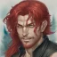 Placeholder: dnd, fantasy, watercolour, large strokes, stylistic, portrait, illustration, dull colours, male, face, narrow long face, weathered face, green eyes, determined, smiling, red hair, very long hair streaming down the shoulders, lush hair, radiating light, five o'clock shadow, elegant, short small mouth