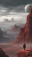 Placeholder: grey cloudy sky, planet in the sky, rocks, mountains, sci-fi, 2000's sci-fi movies influence and influenced by spaghetti westerns colours and tone. have a lone Mexican cowboy ridding down the middle of the frame small compared to the large red cliffs and remanent of giant robots
