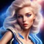 Placeholder: A beautiful portrait of a young galactic woman blonde hair in a galactic suit in cosmos blue