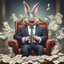 Placeholder: rich pig in suit on a throne making stacks of money by making a deal with a buisnessman. bugs bunny making sick beats in a background as he is known musician