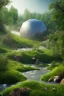 Placeholder: geodesic Dome a facettes transparant ultra réaliste, brouillard, prairie,riviers animé, soleil, ciel étoilé cgi,