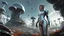 Placeholder: worms-eye view of a woman in a silver robotic catsuit standing in a futuristic derelict alien city with mushrooms with tentacles floating in the sky, Ian McQue