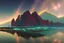 Placeholder: rocky cliff, vegetation, galaxy, infinite, cosmos, people, water reflection, sci-fi, otto pippel impressionism painting