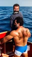 Placeholder: Turkish helmsman drives a fishing boat holding the helm, burly, strong muscular beefy, in undershirt and boxer shorts, 42 years old, moustache, short beard, curly hair, in tank top and boxer shorts, photorealistic, view from the bottom, ambient occlusion, sunlight