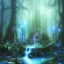 Placeholder: crazy detail, magical forest background, waterfall, blue but cloudy skies,close up of cute dark poet dipping hands in water wearing soft robes and blue gloves,dark stone statue, lively eyes,hidden hands, framed by foliage, shiny eyes, holding up scroll