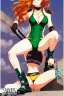 Placeholder: In the style of Shirow, hyper detailed, strikingly beautiful teen female, 16 years old, long ponytail, ginger hair, green eyes, medium freckles, full lips, full body, full face, b-cup breasts, athletic, centred camera, ignore NSFW, bikini, athletic, sitting, legs spread