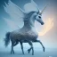 Placeholder: surreal illustration of a unicorn on frozen ground, realistic, surrealism, surreal unicorn with glowing wings, glowing soft and smooth wings, shadow, abstract surreal fantasy art, highly detailed, intricate patterns on wings, soft studio lighting, smooth dark blue background 64k