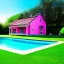 Placeholder: pink house, green lawn, sunny, swimming pool, cinematic blue water