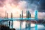 Placeholder: Dreamlike Skyline of Downtown futuristic hightech city in 4050 and a stunning futuristic Bridge During. dark sky, grey and black clouds , storm, dark azur-blue river, cold colors, come storm, rain, high detalied, sci-fi, landscape