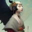 Placeholder: storybook illustration of cute little tengu yokai girl, raven-black hair, wearing a kimono, digital painting, pastel, illustration, procreate, epic, fantastic, featured on cgsociety.Art by Greg Rutkowski, Alphonse Mucha, Artgerm ,