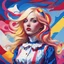Placeholder: Alice with sky-blue white dark-blue red red-pink vivid-blue and yellow-blonde palette in vorticism art style