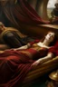 Placeholder: Oil painting A woman lies in a boat and next to her the king reclines and looks at her wearing a dark red dress exposed from above in the ancient era