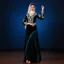 Placeholder: lady in azeri dance custum change clothing color to cyan and black fullbody shot standing in a pretty stage,not decolte,with a long white lace scarf