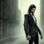 Placeholder: Male, Human, dark long hair, Black Eyes, Young, Hyperrealism, Full Body Shot, City Background, sharp focus, dark, black, steampunk