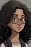 Placeholder: Make an 11-year old girl with light brown skin and thick, medium, black and curly hair with thick black glasses, a long head and a round chin.