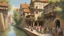 Placeholder: medieval buildings, balconies overhanging a river, blue sky and people, photorealism, trees, foliage, piers,