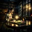 Placeholder: Photograph of a mysterious, indecipherable odd person sitting at a table, reading an ancient book, very accentuated details of the dress and skin, eerily mysterious. 33mm photography, high definition, high resolution, 8k, 3d render, volumetric light, shot on Hasselblad. Study room. Bookshelves, candle lit.