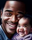 Placeholder: Papá feliz sonriente con su bebé mirándolo a los ojos felíz cuerpo completo colores contrastantes obra de arte arte digital impactante detallado ojos negros pelo negro hiperrealista 8k coherente