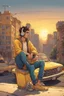 Placeholder: Full body illustration of a young man pensive while listening to music with headphones by a yellow car on the west coast of the United States. In the background is a distant cityscape and an old apartment building. The city is illuminated by the sunset, creating an overall nostalgic and emotional atmosphere. Cartoonish art style with lots of detail.