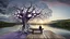 Placeholder: back to the camera a figure sittings on amorph bench in a beautiful landscape and overlooking the water of the nearby lake, calm, harmonious atmosphere, muted dark colors, purple, white, gray, green, blue, brown, silver, black , ,not too colorful colors, Whimsical style and giant stunning neuron network all over the sky, half shadow and half light abyss, surreal stunning vibe