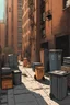 Placeholder: new york alley way. on a sunny day. the atmosphere is sunny and vivid. should include a garbage container and steem coming out of a pipe, the alley opens up to a large open space in the center at the end where it junctions into a large avenue far back.