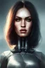 Placeholder: wonderfull portrait, megan fox face, half side face robot rust, long black hair, intricate, sci-fi, cyberpunk, future, fog, fire particles