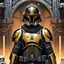 Placeholder: star wars bald male corellian pilot wearing pearlescent black and gunmetal grey First Order special forces heavy assault stealth commando armor and helmet with gold trim inside the jedi temple, hyperdetailed, dynamic lighting, hyperdetailed background, 8k resolution, volumetric lighting, light skin, fully symmetric details