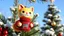 Placeholder: cute chibi cat shaped hanging Xmas tree ornament wearing red knitted pullover with zebra on it in sunshine, snowcapped xmas tree