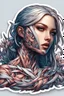 Placeholder: a sticker with a drawing of a woman's face, cyberpunk art inspired by Marco Mazzoni, Artstation, fantasy art, fantasy sticker illustration, intricate digital artwork, cyborg - girl with silver hair