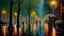 Placeholder: A beautiful oil of canvas park scene in the evening, heavy rain, lights reflecting of the wet pavements and surfaces, detailed, complex, high definition