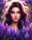 Placeholder: Medium view of a beautiful girl standing surrounded by full of hyacinth flowers, beautiful face, dark hair, shining eyes, digital painting style, vibrant colors, high quality, 4k