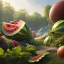 Placeholder: pixar style, volumetric summer garden environment and background, volumetric lighting, dramatic lighting, realistic painting of an watermelon, looking excited, detailed digital painting, extreme dense and fine fur, anime, ornate, colour-washed colors, elegant, small minutiae, tiny features, particulars, centered, smooth, sharp focus, renderman gofur render, 8k, uhd, detailed eyes, realistic shaded volumetric lighting, sunlight caustics, backlight, centered camera view