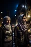 Placeholder: Palestinian girls wears Palestinian keffiyeh , Destroyed Buildings , with a Explosions, at night