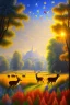 Placeholder: Walt Curlee style illustration of a bucolic countryside, with deer roaming in the meadow, birds and butterflies in the trees. intricate details, masterpiece, museum quality, sharp focus, vibrant colors, Maxfield Parrish style blue sky, indigo, red, earthy, hyper-realistic